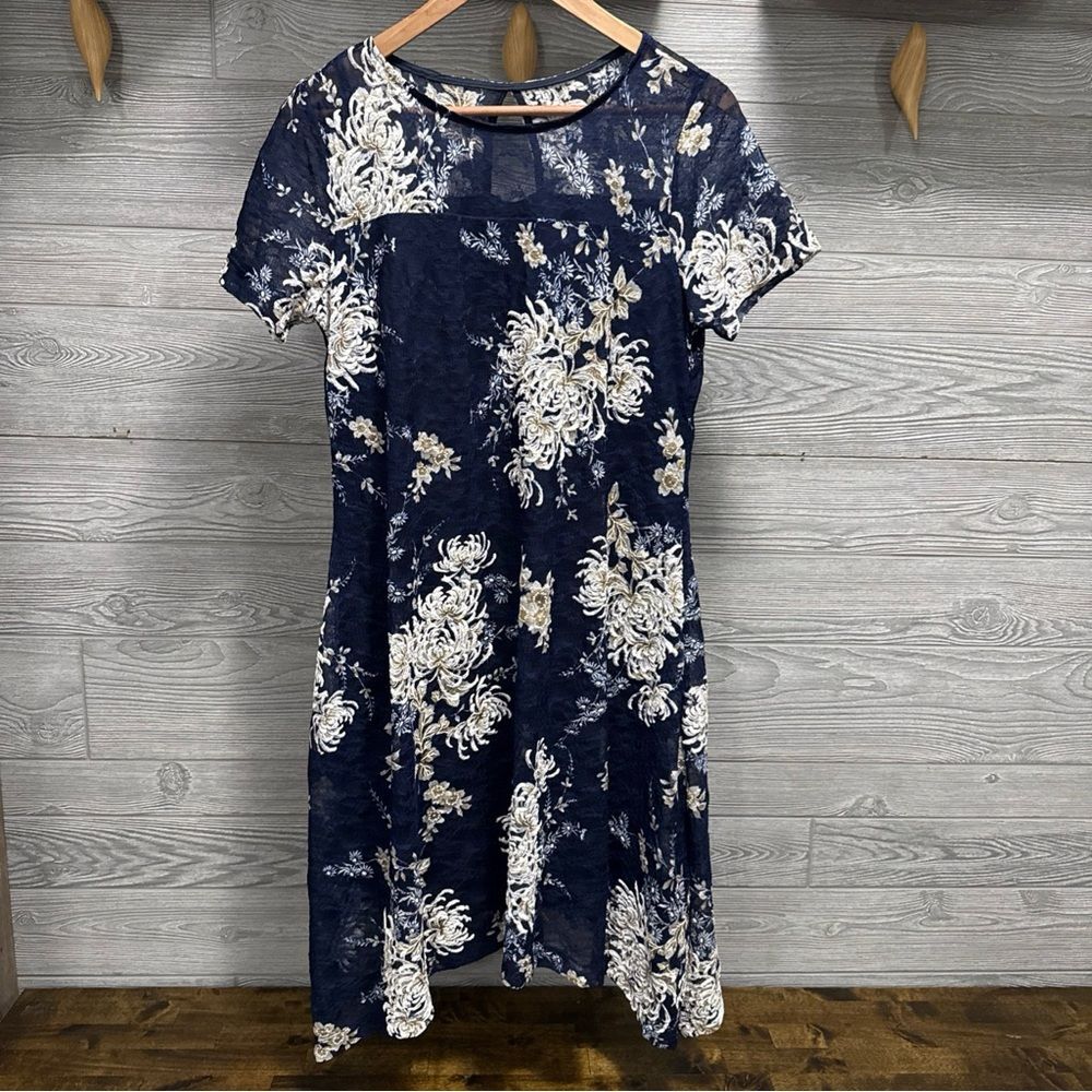 Roz Ali Modest Floral Lace Midi Dress L Flowy Lined Sheer Sleeves Church Event